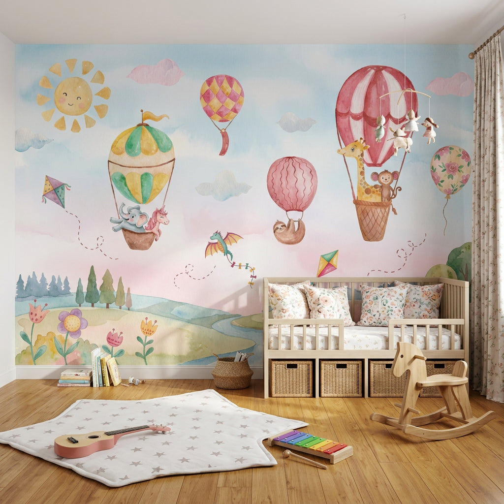 Hot Air Balloons Wallpaper Pastel Sky Childrens Nursery Removable Wall Decor