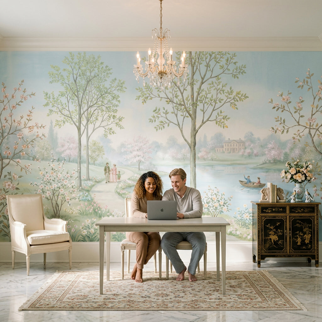 Pastoral Landscape Wallpaper Spring Blossoms Watercolor Mural Wall Mural