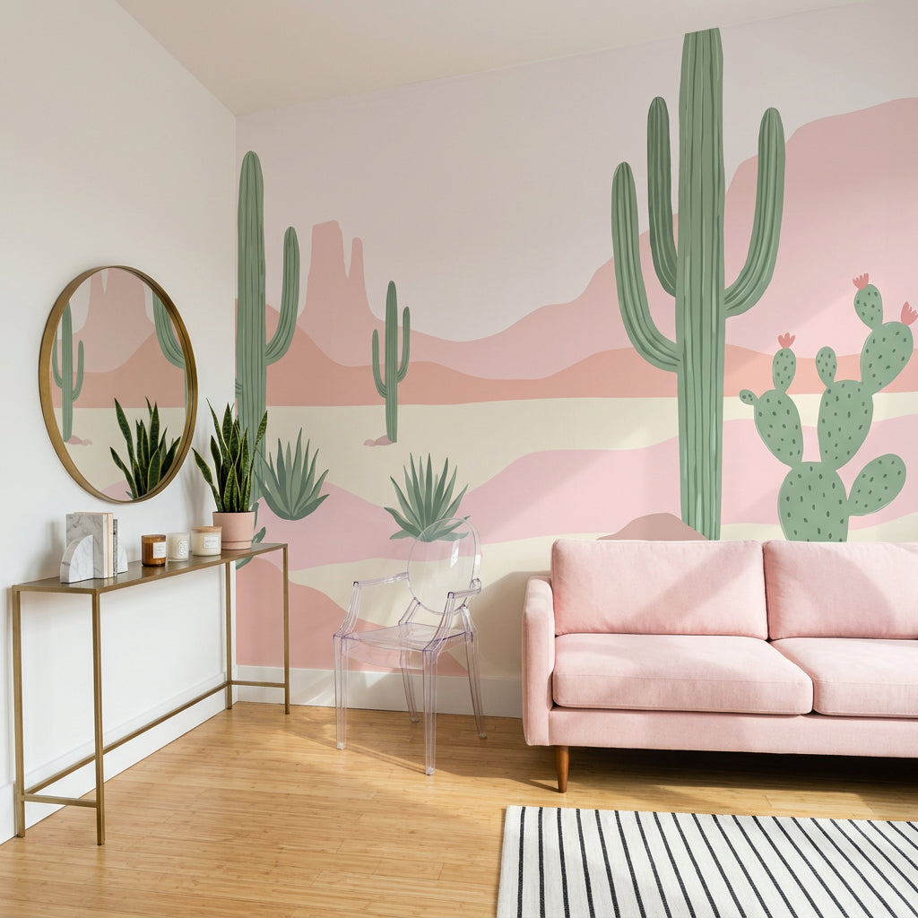Desert Landscape Wallpaper Saguaro Cactus Pastel Pink Wall Mural
