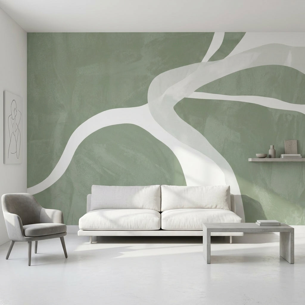 Sage Green Wallpaper White Curved Lines Removable Textured Plaster Wall Decor