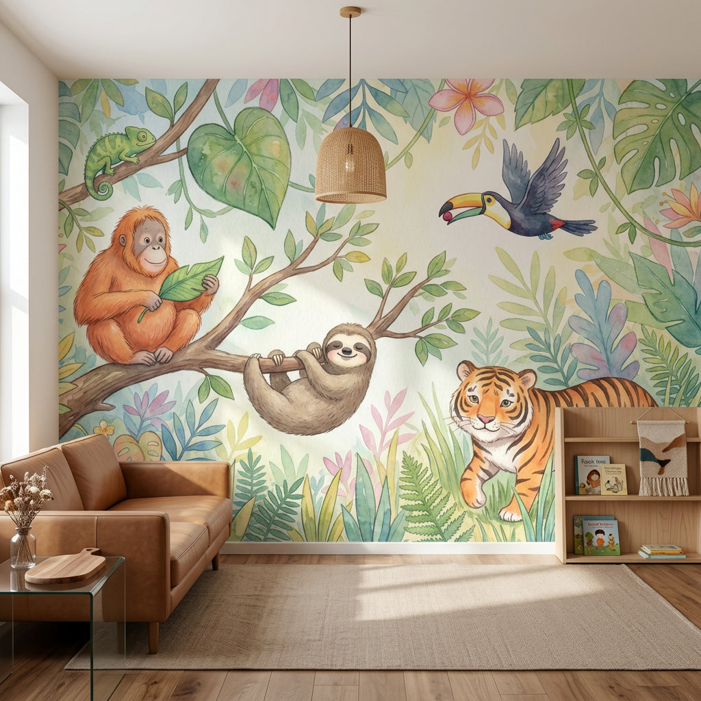 Tropical Jungle Wallpaper Watercolor Cute Animals Wall Mural