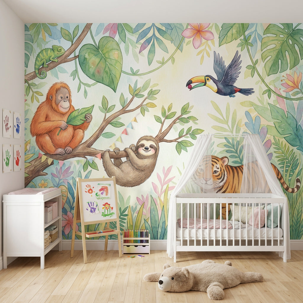 Tropical Jungle Wallpaper Watercolor Cute Animals Wall Mural