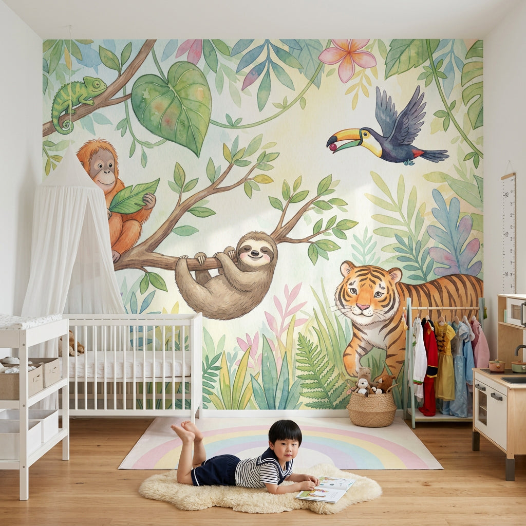 Tropical Jungle Wallpaper Watercolor Cute Animals Wall Mural