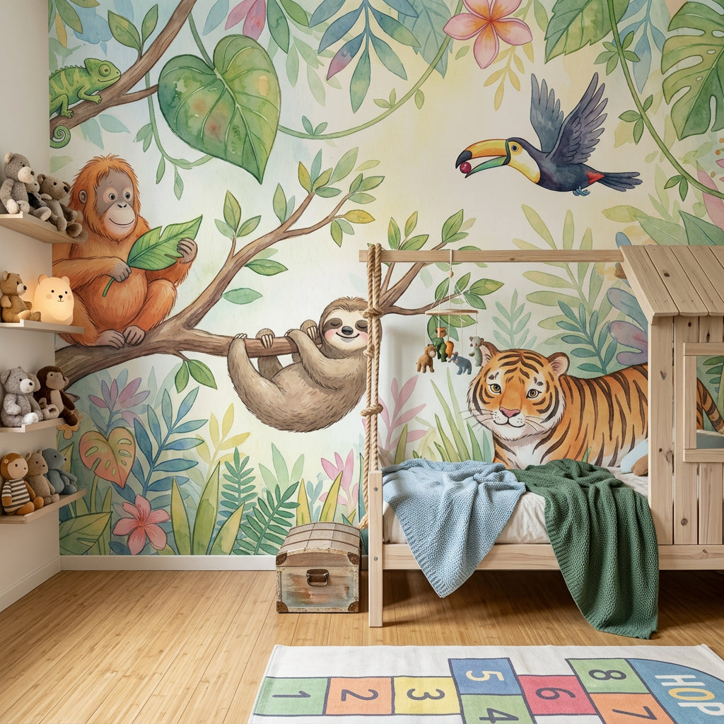 Tropical Jungle Wallpaper Watercolor Cute Animals Wall Mural