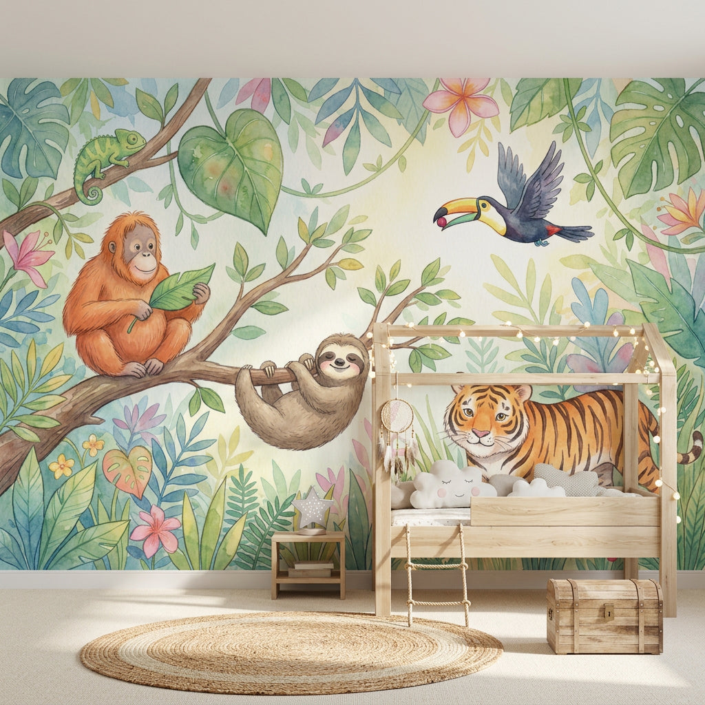 Tropical Jungle Wallpaper Watercolor Cute Animals Wall Mural