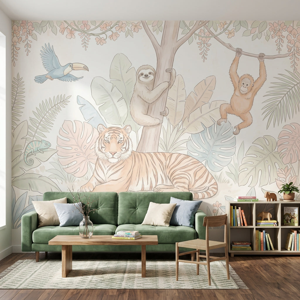 Tropical Jungle Wallpaper Pastel Safari Animals Tiger Removable Wall Decor