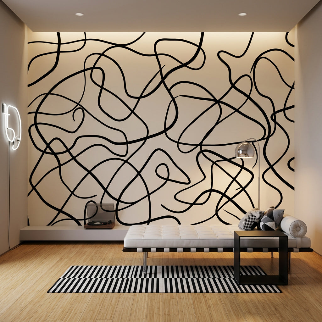 Abstract Line Art Wallpaper Black Squiggles Cream Background Wall Mural