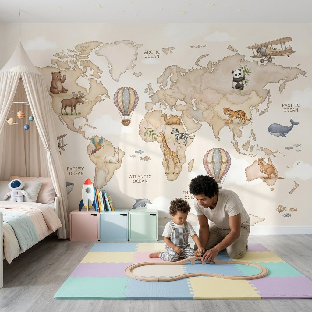 World Map Wallpaper Hot Air Balloon Removable Wall Decor