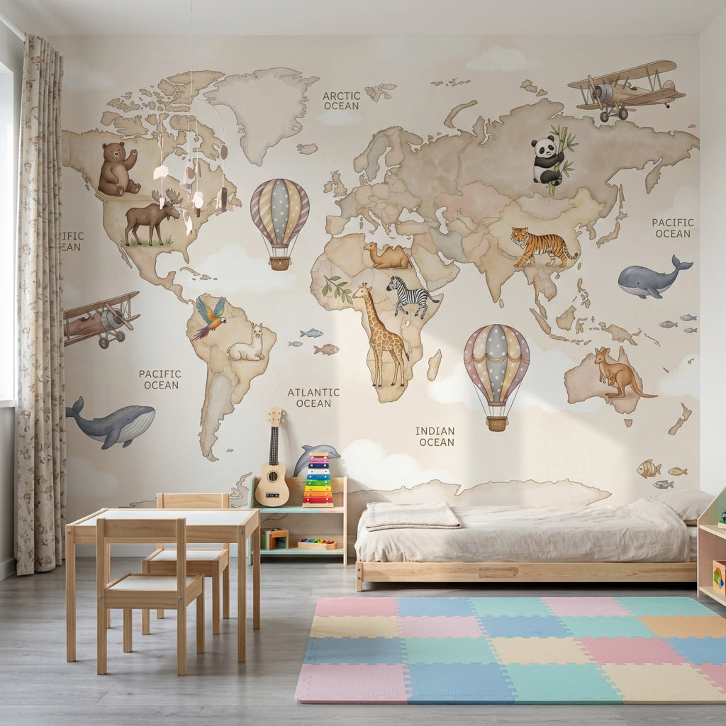 World Map Wallpaper Hot Air Balloon Removable Wall Decor