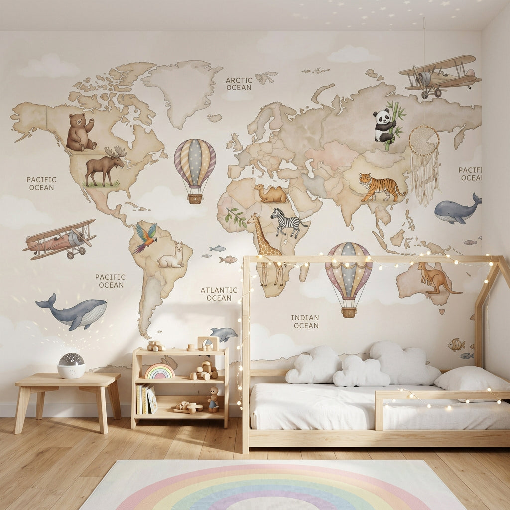 World Map Wallpaper Hot Air Balloon Removable Wall Decor