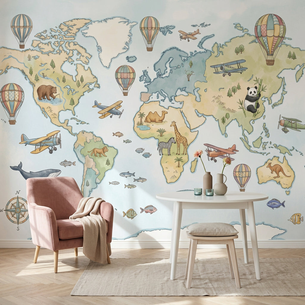 World Map Wallpaper Nursery Kids Removable Wall Decor