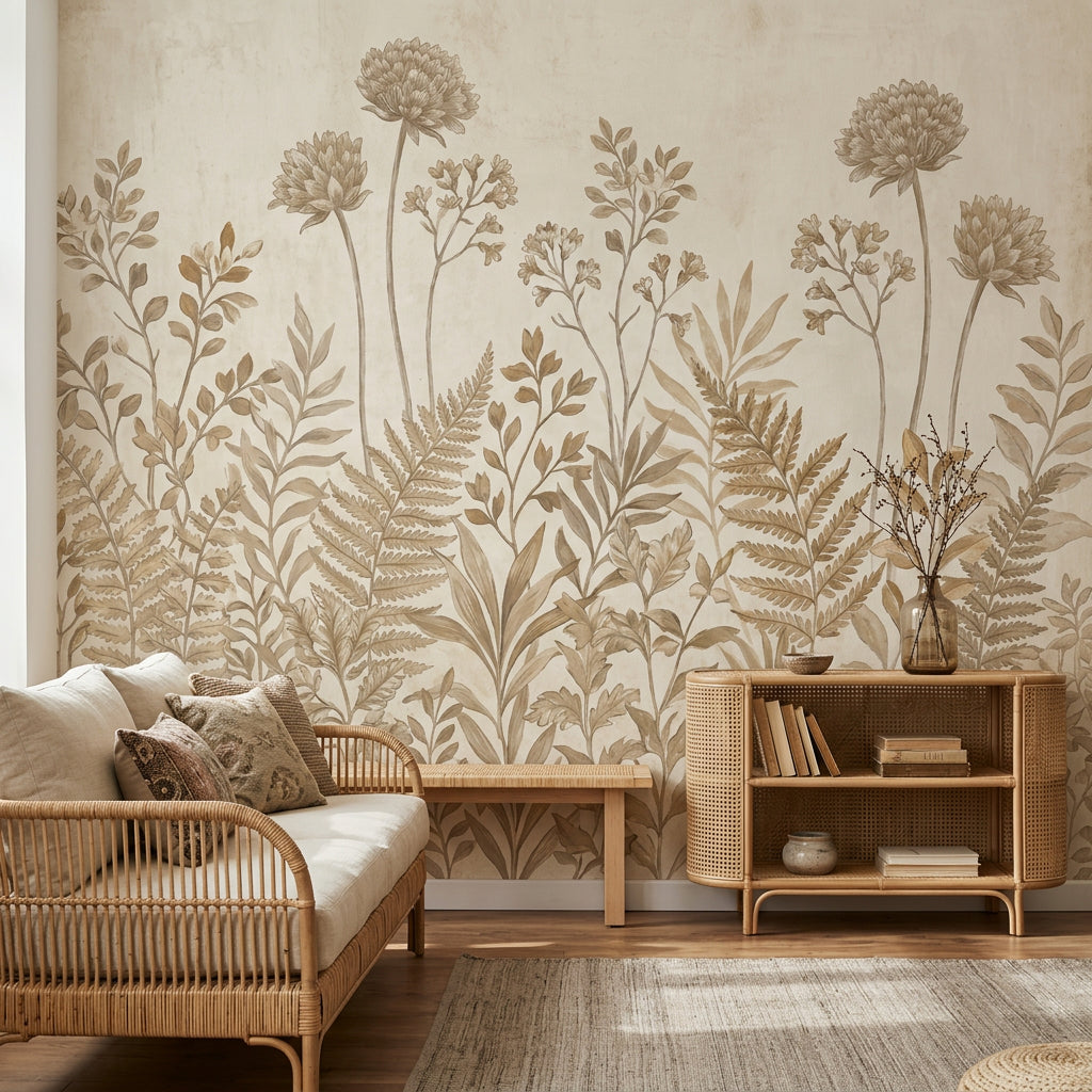 Paper Texture Wallpaper Sepia Botanical Wall Mural