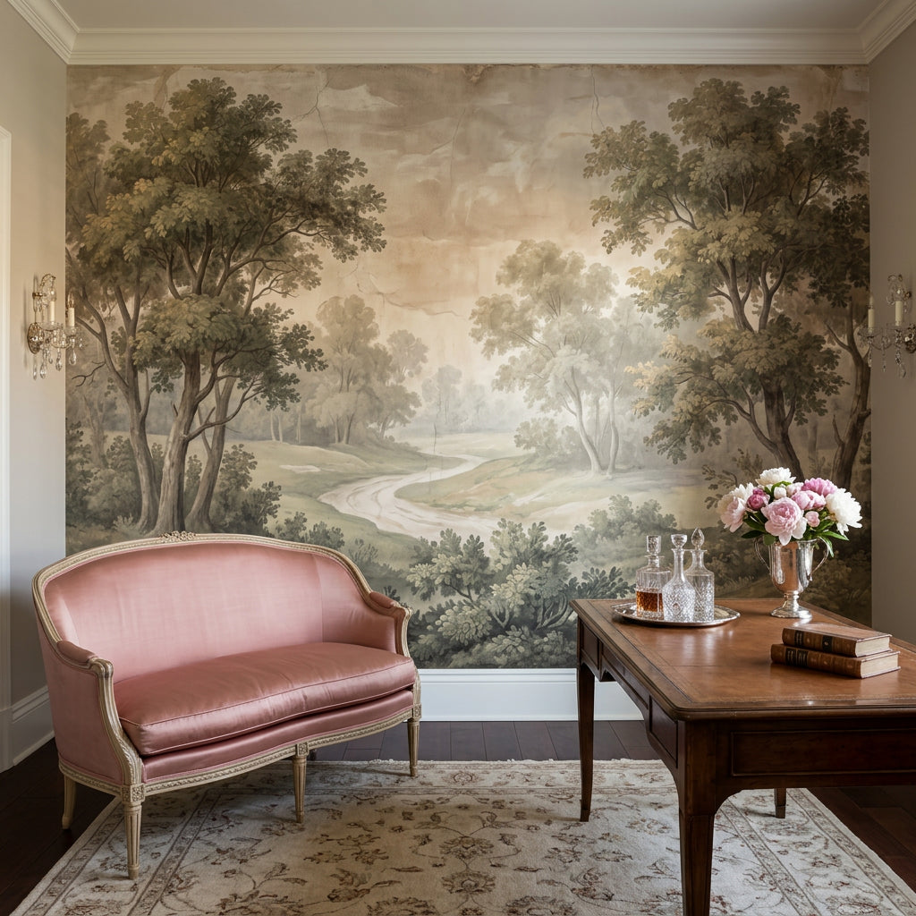 Vintage Landscape Wallpaper Woodland Trees Winding Path Wall Mural