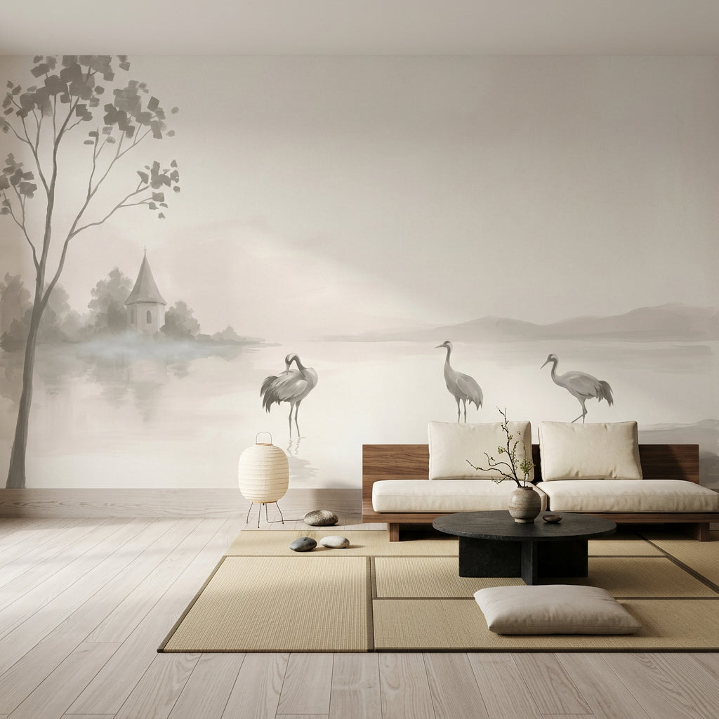 Misty Lake Wallpaper Cranes Chapel Steeple Wall Mural