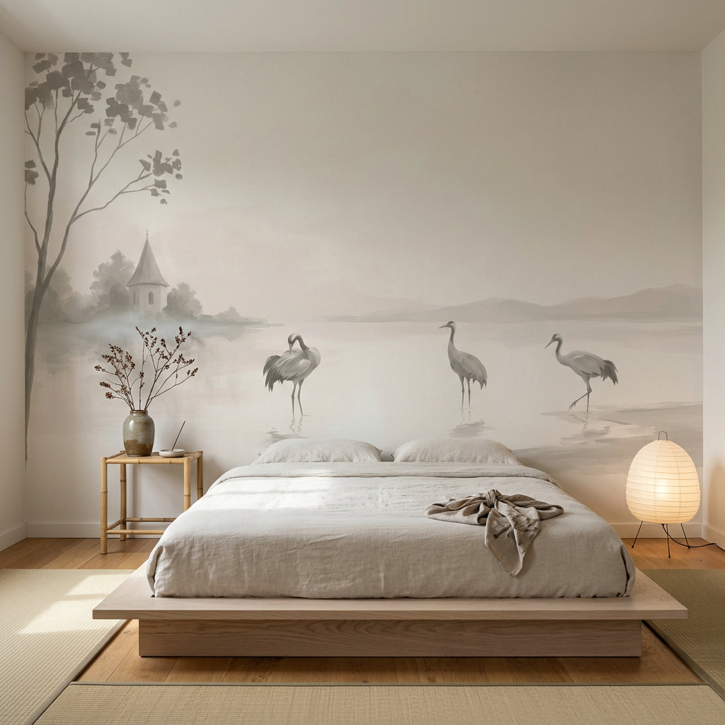 Misty Lake Wallpaper Cranes Chapel Steeple Wall Mural