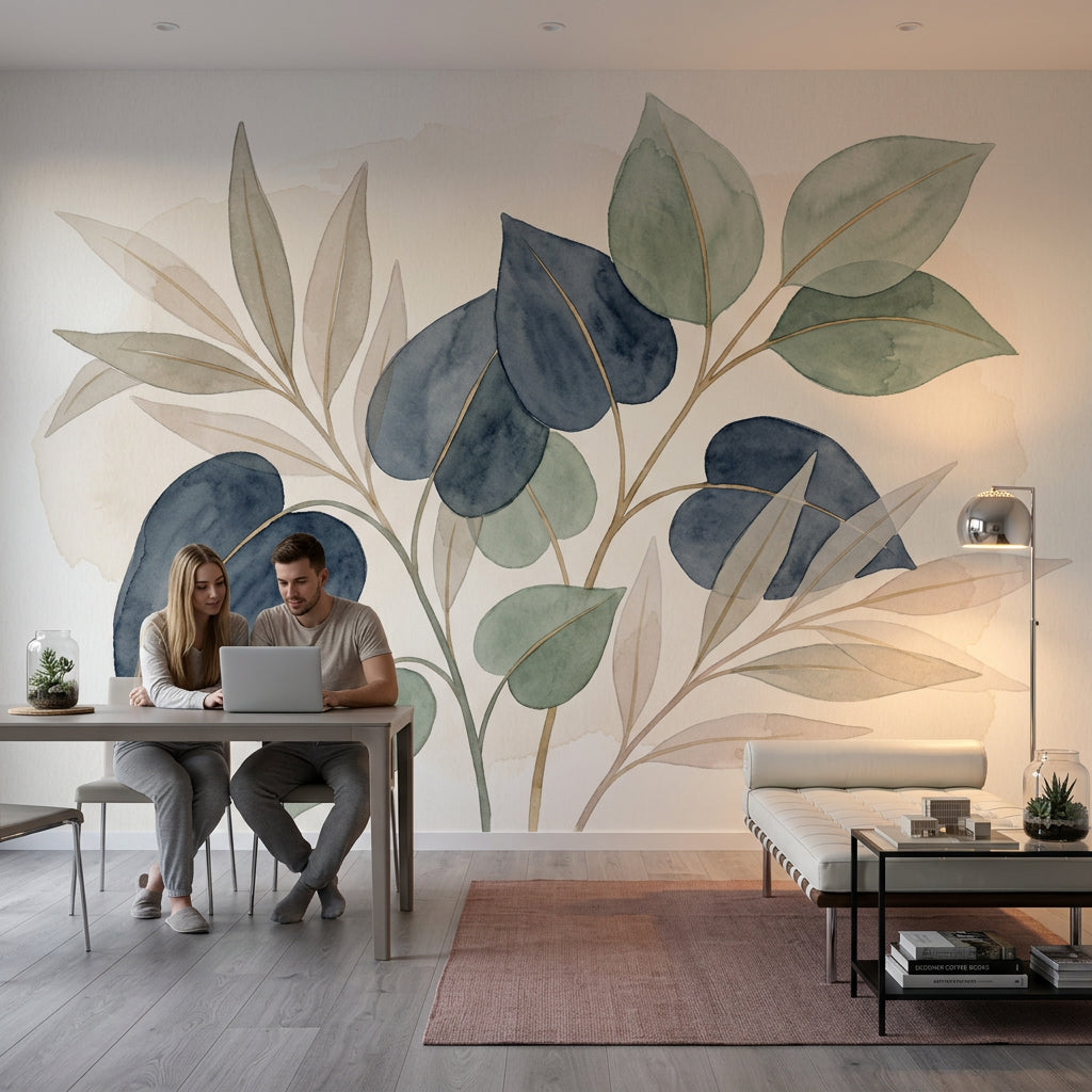 Watercolor Botanical Wallpaper Eucalyptus Leaves Navy Blue Removable Wall Decor