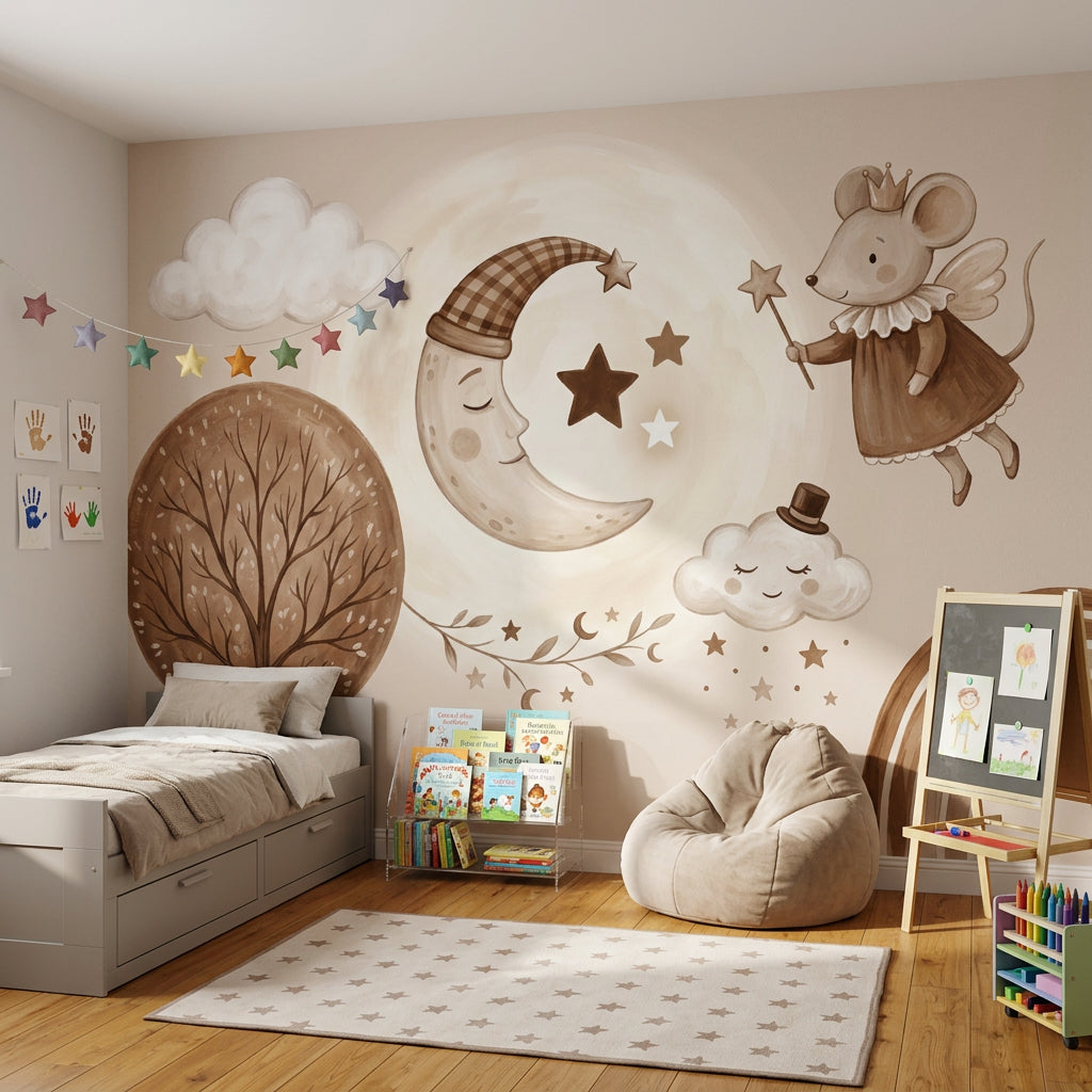 Beige Clouds Wallpaper Dreamy Nursery Moon And Stars Removable Wall Decor
