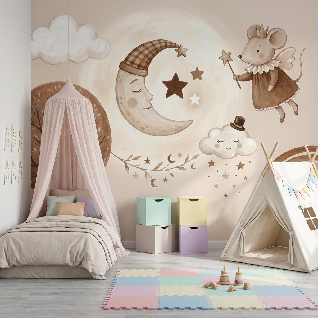 Beige Clouds Wallpaper Dreamy Nursery Moon And Stars Removable Wall Decor