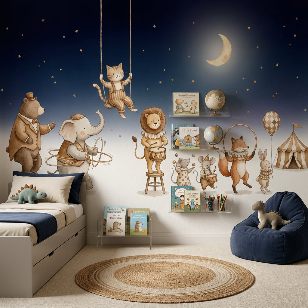 Circus Animals Wallpaper Dark Navy Night Sky Watercolor Illustration Removable Wall Decor