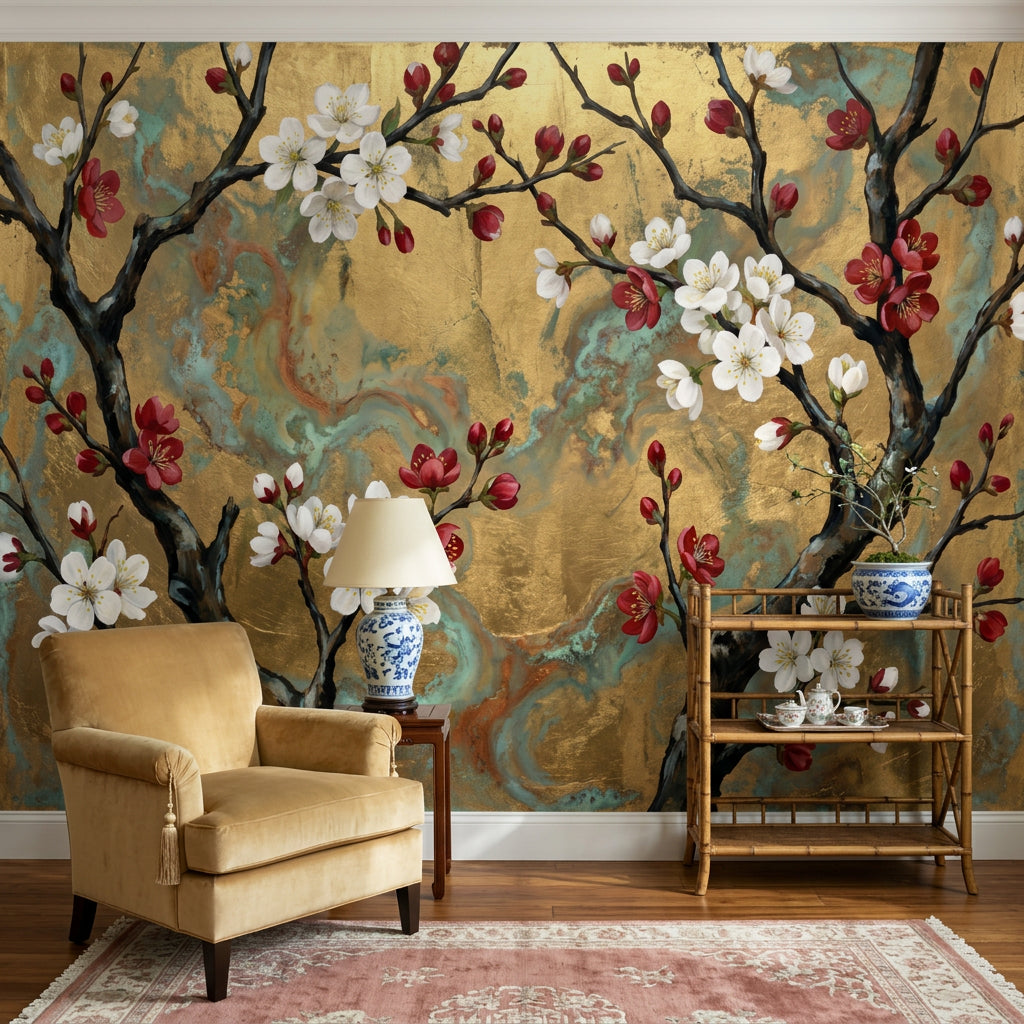 Cherry Blossom Wallpaper Floral Branches Removable Gold Background Wall Decor