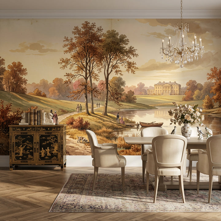 Vintage Landscape Wallpaper Autumn Trees Country Estate Manor Removable Wall Decor