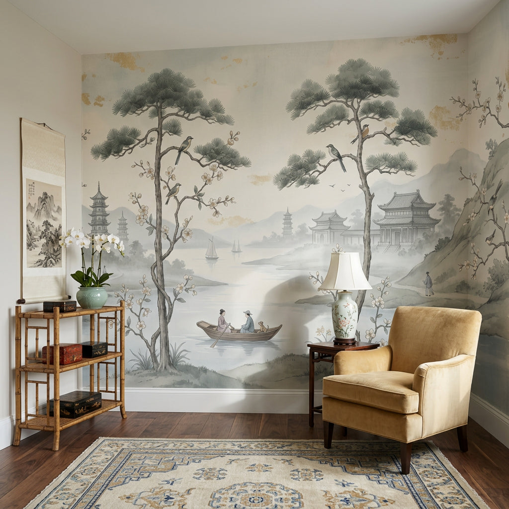 Misty Landscape Wallpaper Asian Pagoda Temple Pavilion Removable Wall Decor