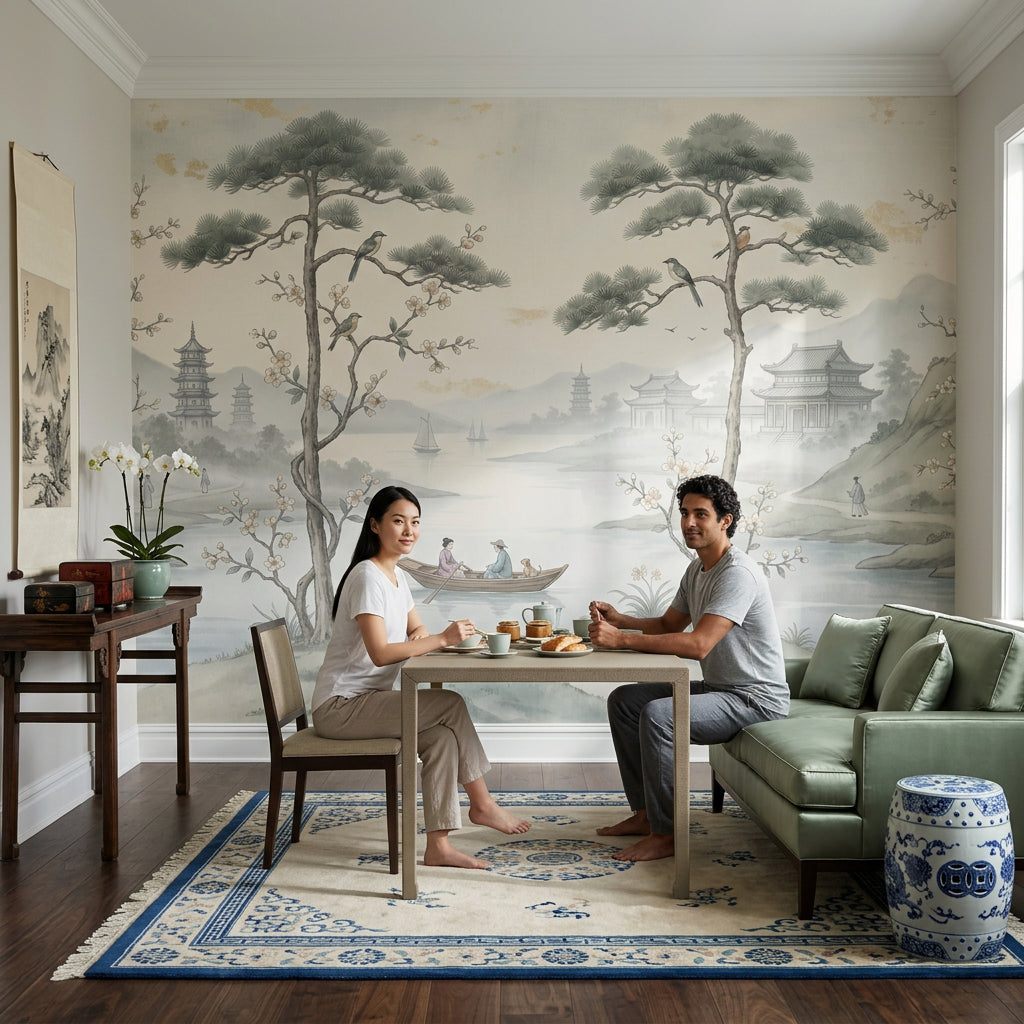 Misty Landscape Wallpaper Asian Pagoda Temple Pavilion Removable Wall Decor