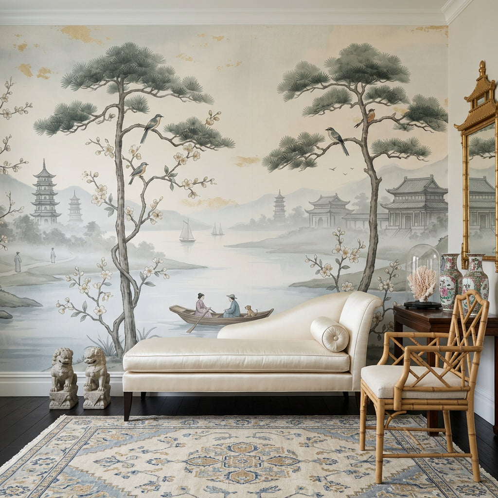 Misty Landscape Wallpaper Asian Pagoda Temple Pavilion Removable Wall Decor