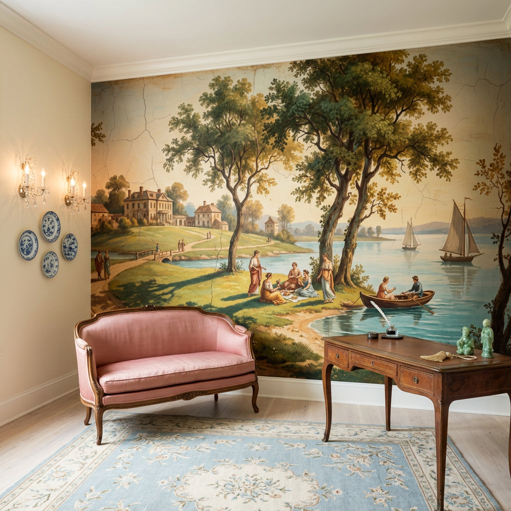 Vintage Landscape Wallpaper Lakeside Manor European Countryside Wall Mural