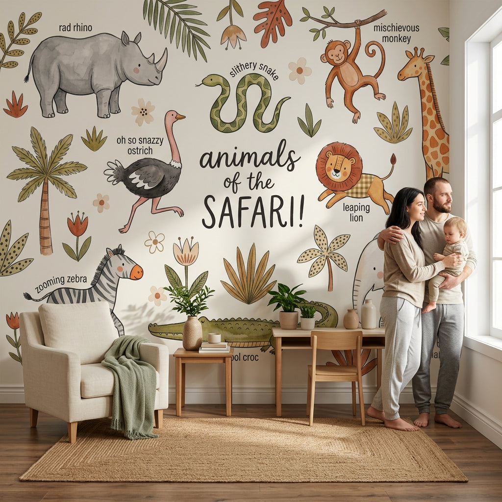 Safari Animals Wallpaper Nursery Wallpaper Watercolor Illustration Wall Mural