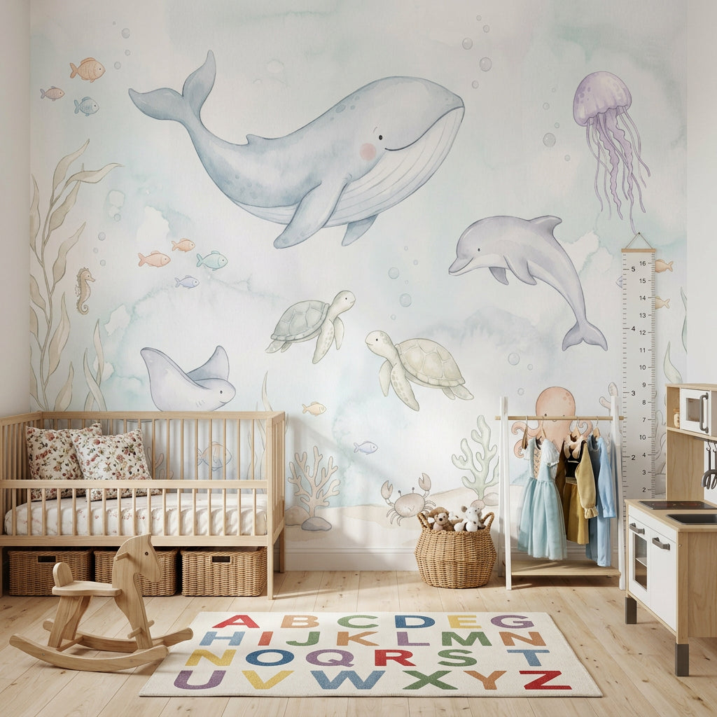 Underwater Wallpaper Ocean Animals Pastel Watercolor Wall Mural