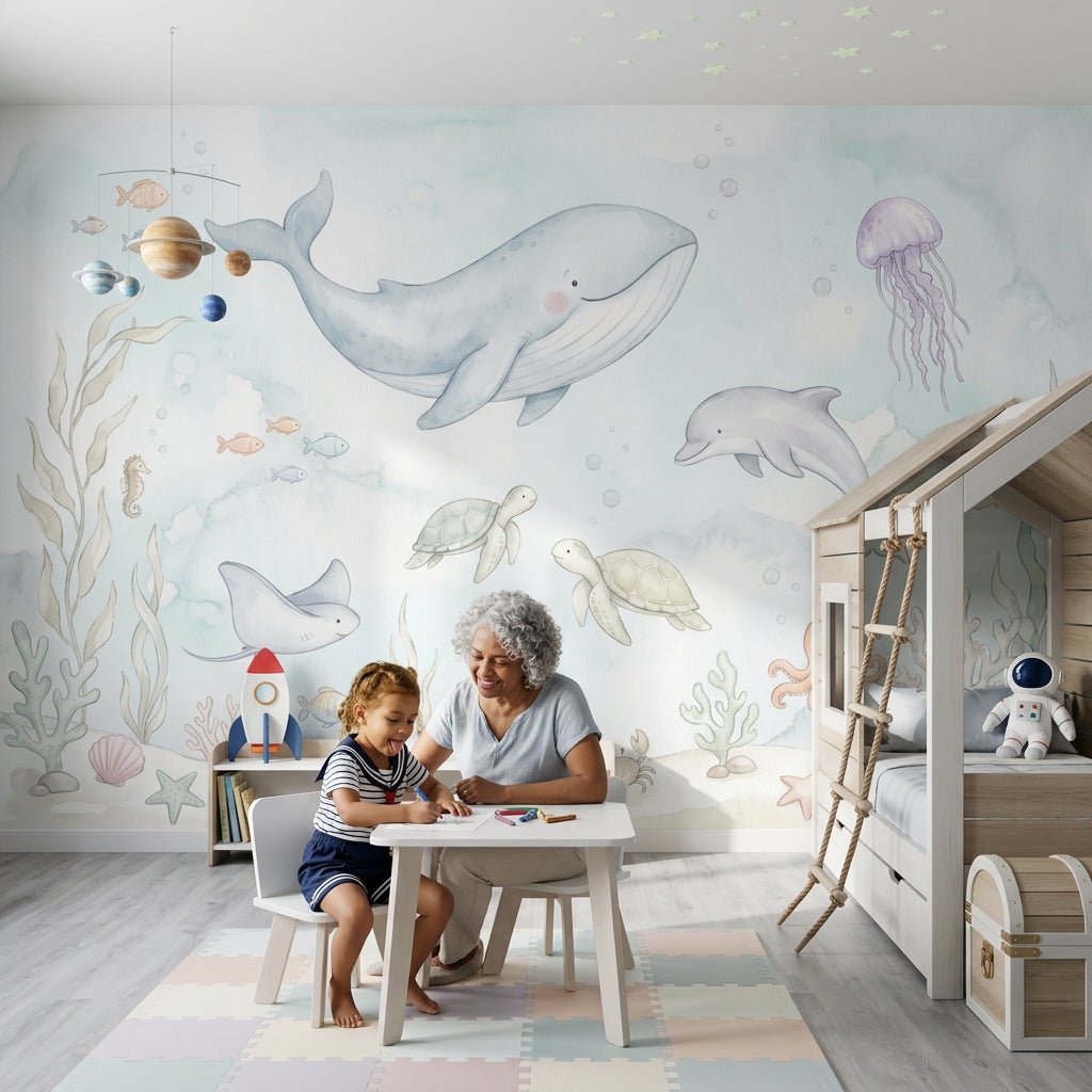 Underwater Wallpaper Ocean Animals Pastel Watercolor Wall Mural
