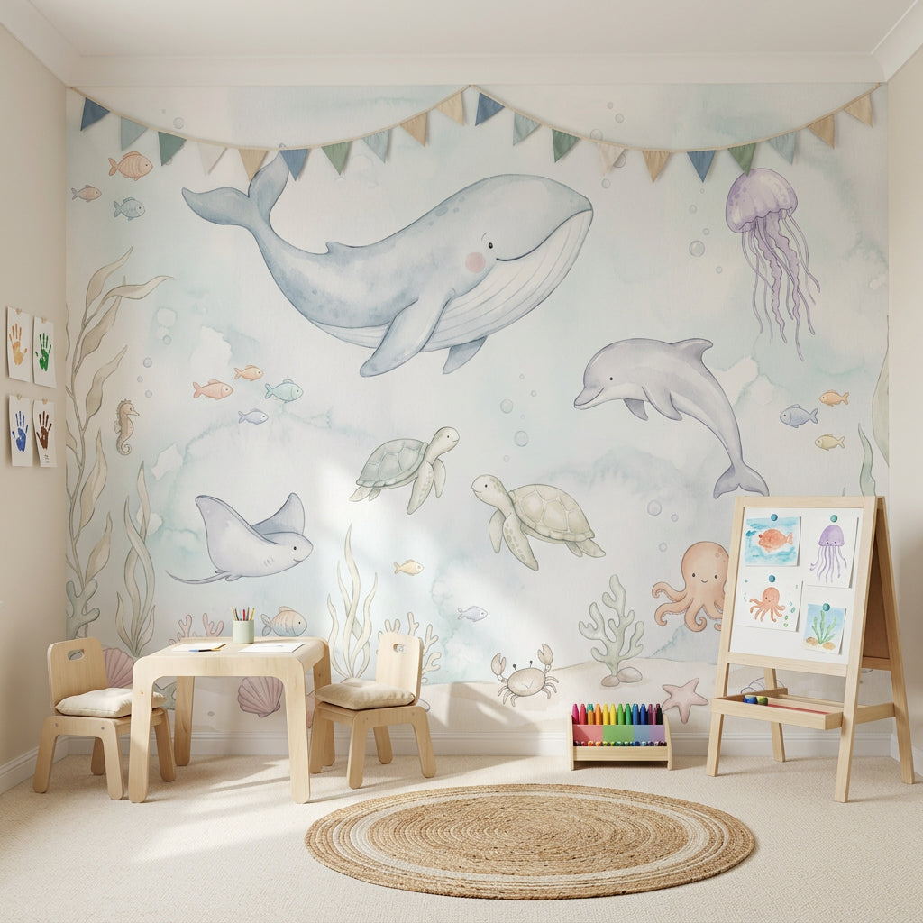 Underwater Wallpaper Ocean Animals Pastel Watercolor Wall Mural