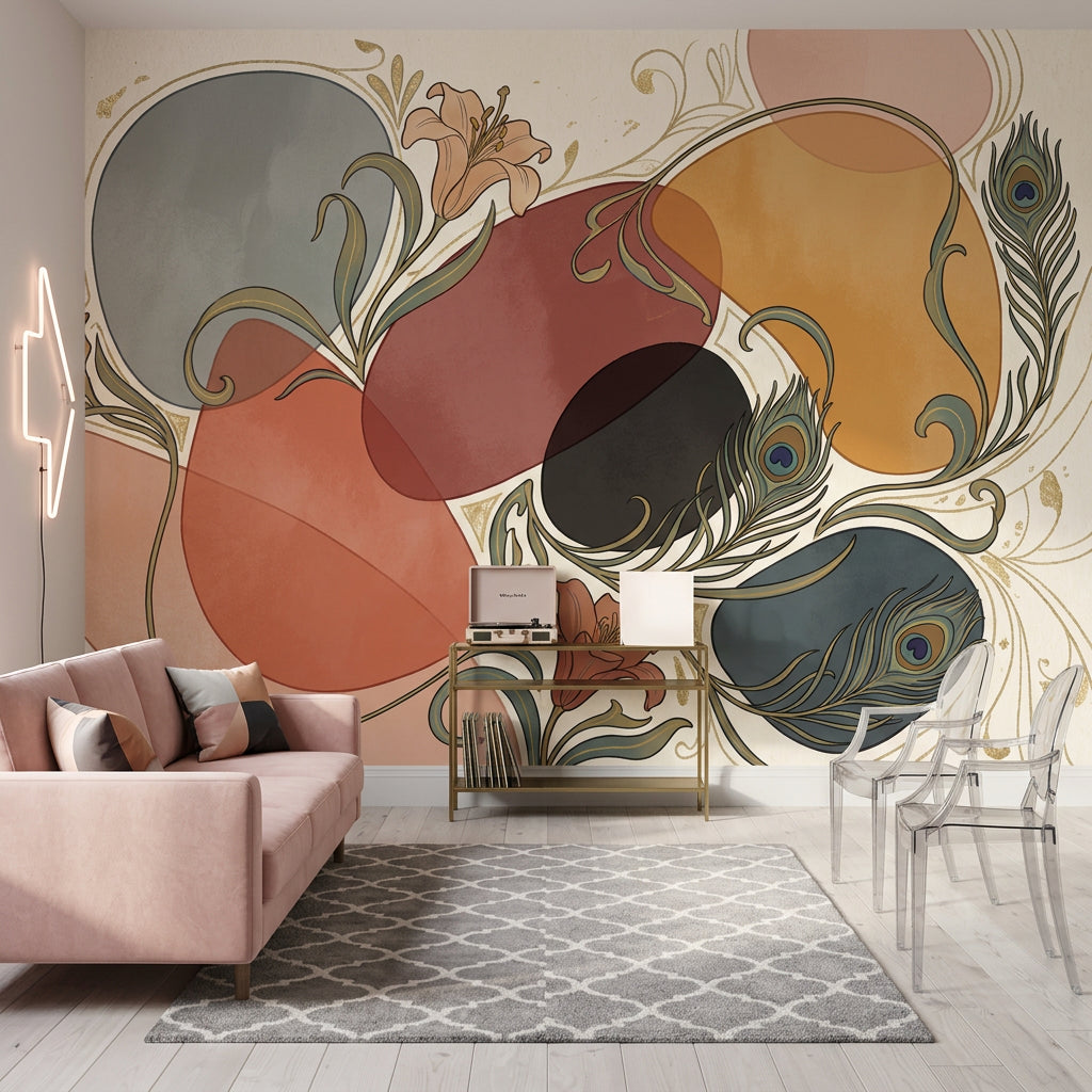Muted Green Wallpaper Art Nouveau Peacock Feather Wall Mural