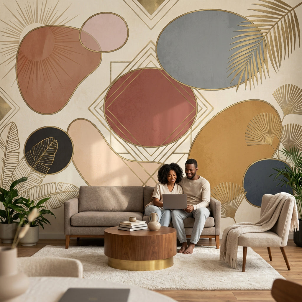 Abstract Geometric Wallpaper Art Deco Gold Linework Wall Mural