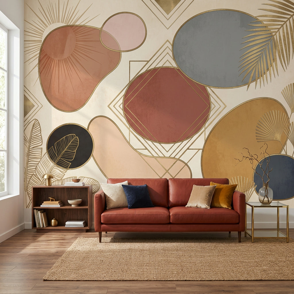 Abstract Geometric Wallpaper Art Deco Gold Linework Wall Mural