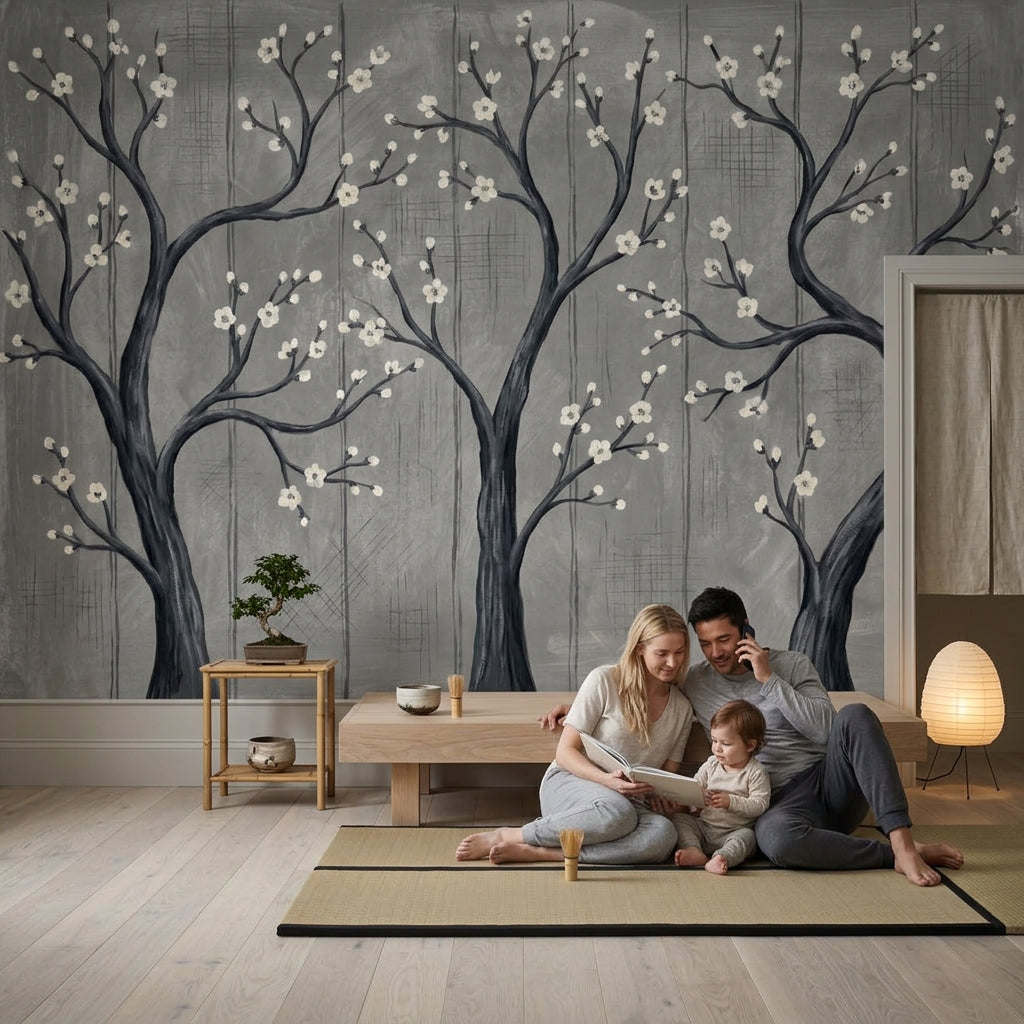 Tree Silhouette Wallpaper Blossom Branches Gray Removable Wall Decor