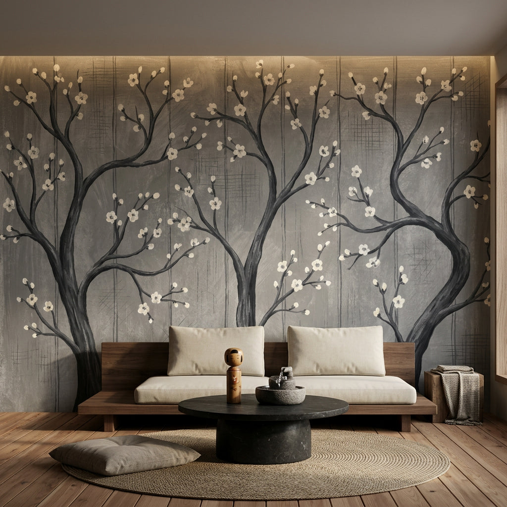Tree Silhouette Wallpaper Blossom Branches Gray Removable Wall Decor