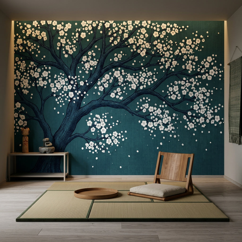 Cherry Blossom Tree Wallpaper Dark Teal Background Japanese Inspired Removable Wall Decor