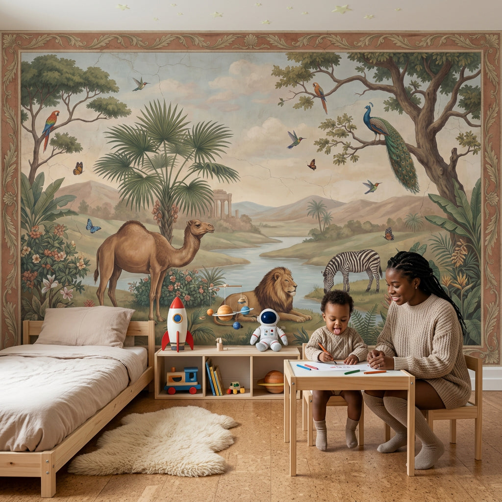 Tropical Landscape Wallpaper Safari Animals River Valley Removable Wall Decor