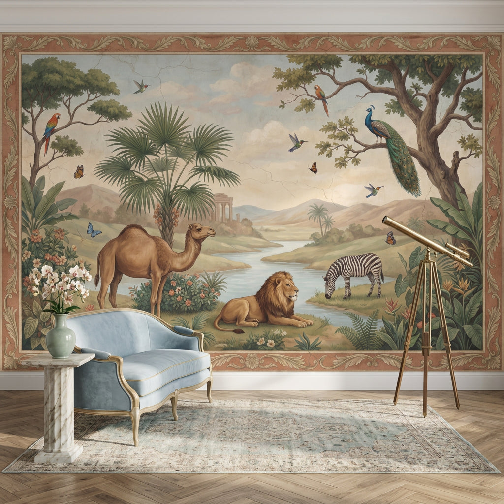 Tropical Landscape Wallpaper Safari Animals River Valley Removable Wall Decor