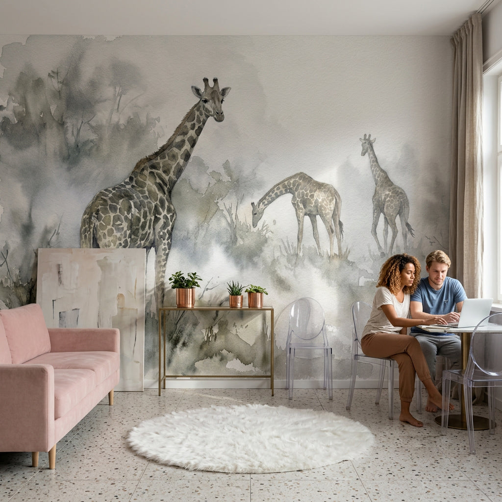 Watercolor Wallpaper Giraffes Misty Wall Mural