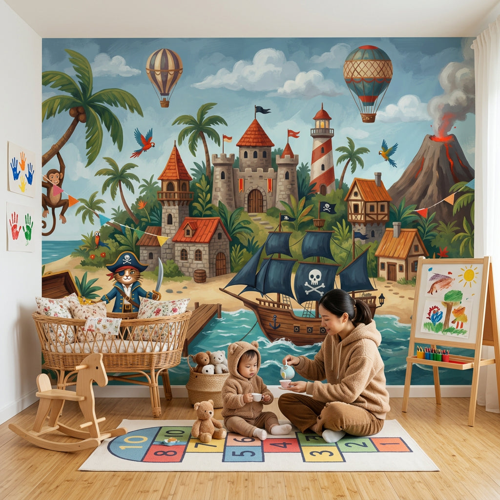 Tropical Island Wallpaper Pirate Ship Removable Treasure Chest Wall Decor