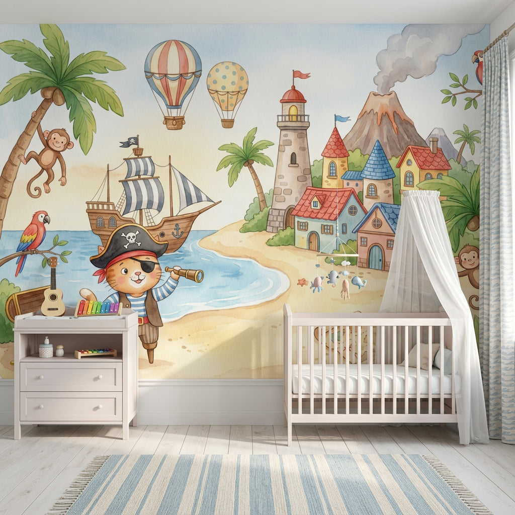 Pirate Island Wallpaper Coastal Landscape Removable Watercolor Illustration Wall Decor