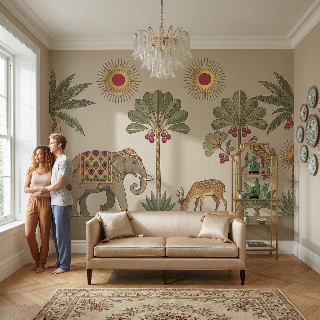 Decorative Elephant Wallpaper Beige Background Global Inspired Removable Wall Decor