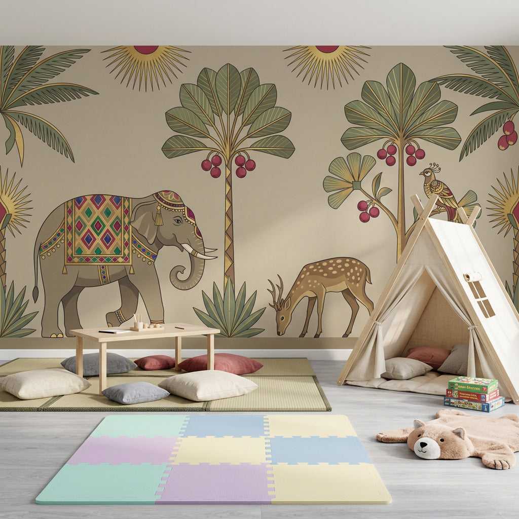 Decorative Elephant Wallpaper Beige Background Global Inspired Removable Wall Decor