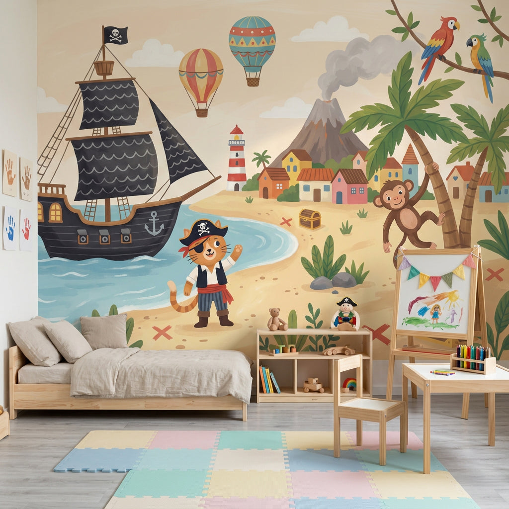Tropical Pirate Wallpaper Beach Landscape Storybook Illustration Removable Wall Decor