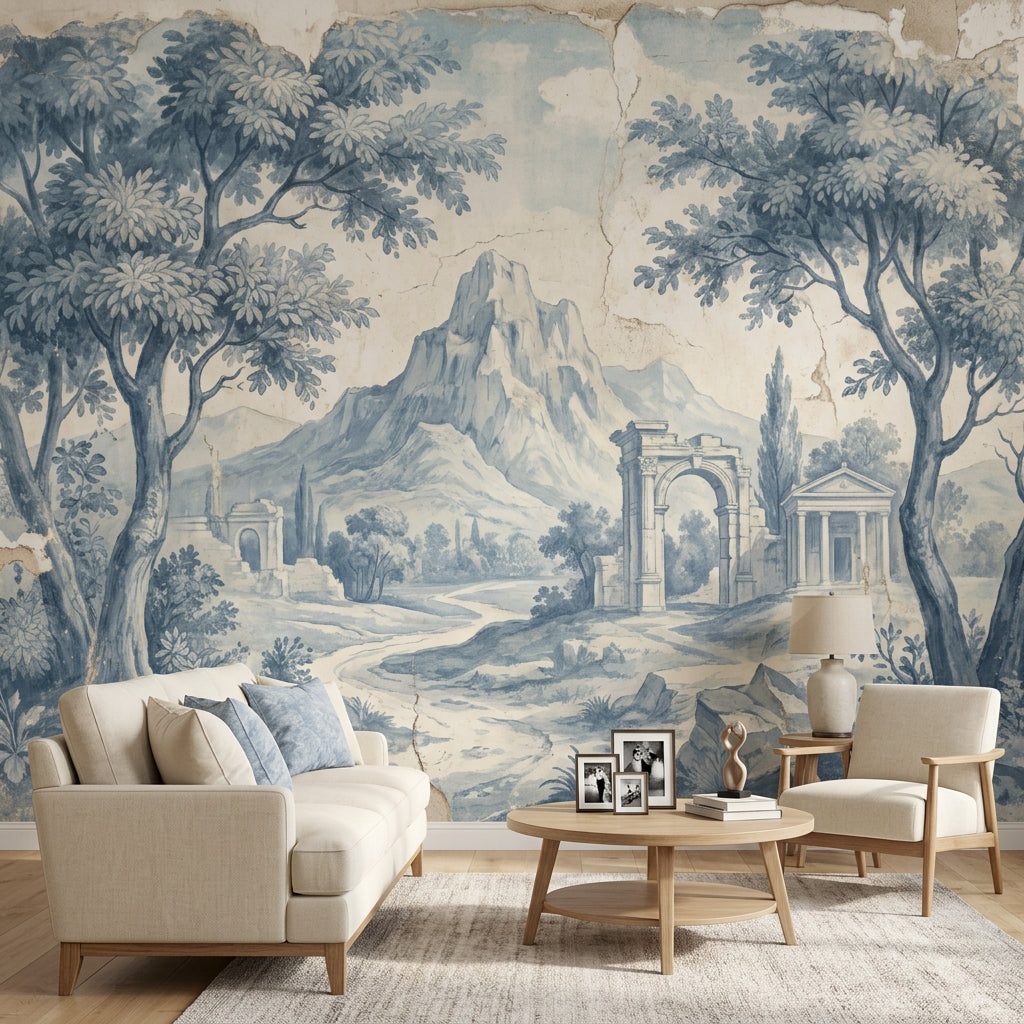 Walls Wallpaper Stone Ruins Removable Indigo Landscape Wall Decor
