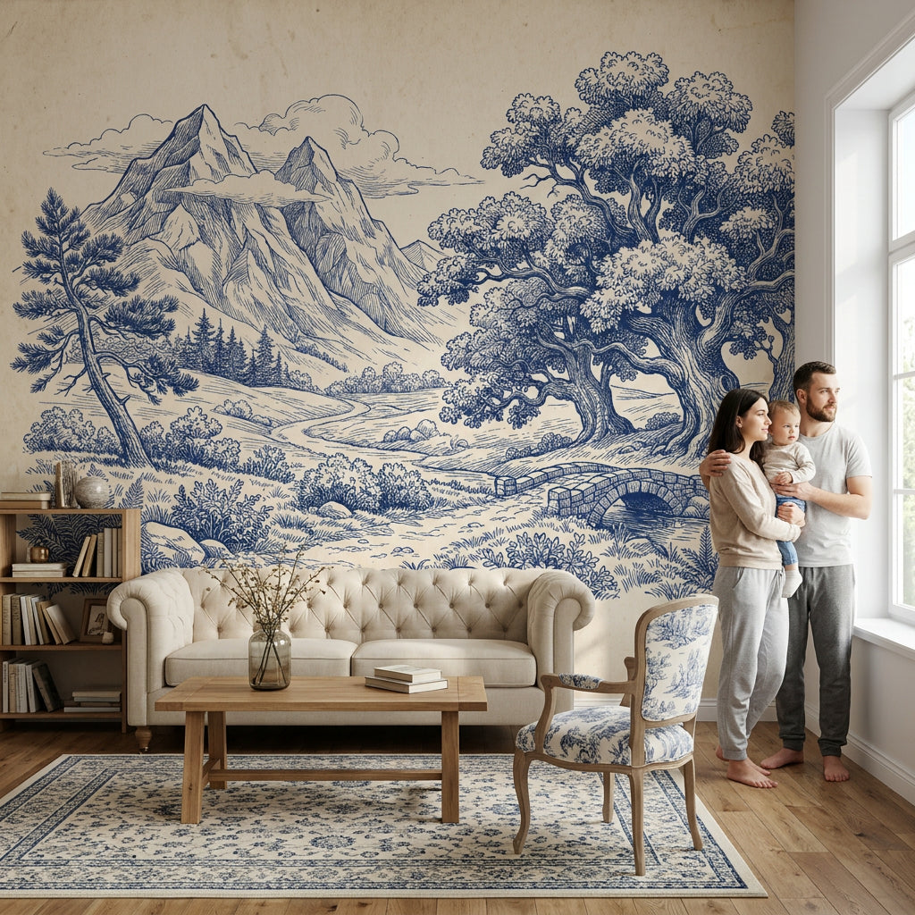 Blue Toile Landscape Wallpaper Mountains Vintage Engraving Wall Mural