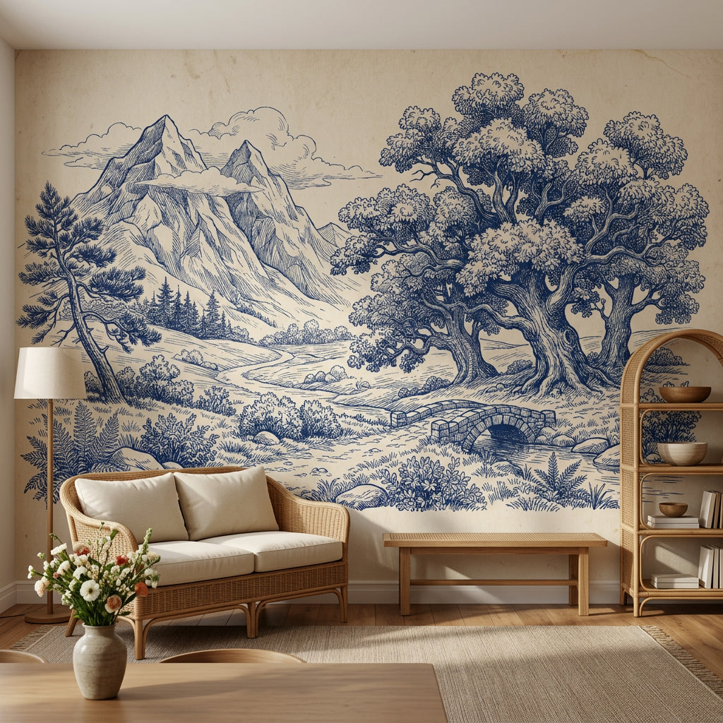 Blue Toile Landscape Wallpaper Mountains Vintage Engraving Wall Mural